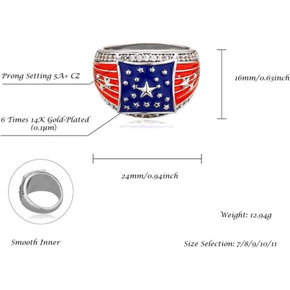 American Flag Rings for Men Silver Plated - Patriotic Chunky Ring Trendy - Picture 2 of 6